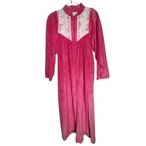 Vintage Katz Pink Fleece Long Nightgown Lace Trim & Zipper Front Small 70’s Cute